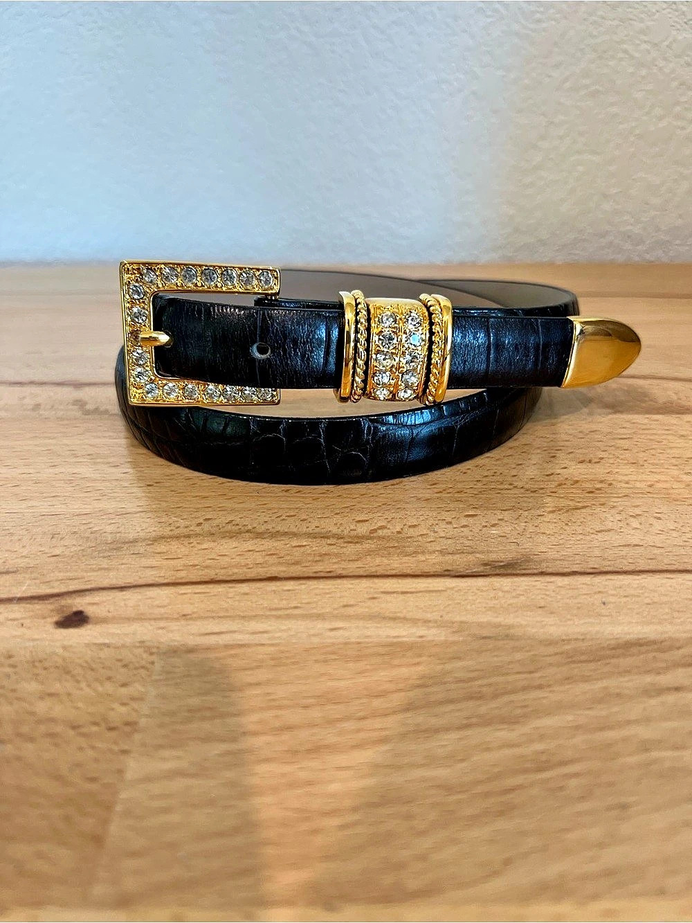 B.B. Simon Alligator Belts Black Gold Swarovski Crystal Size M